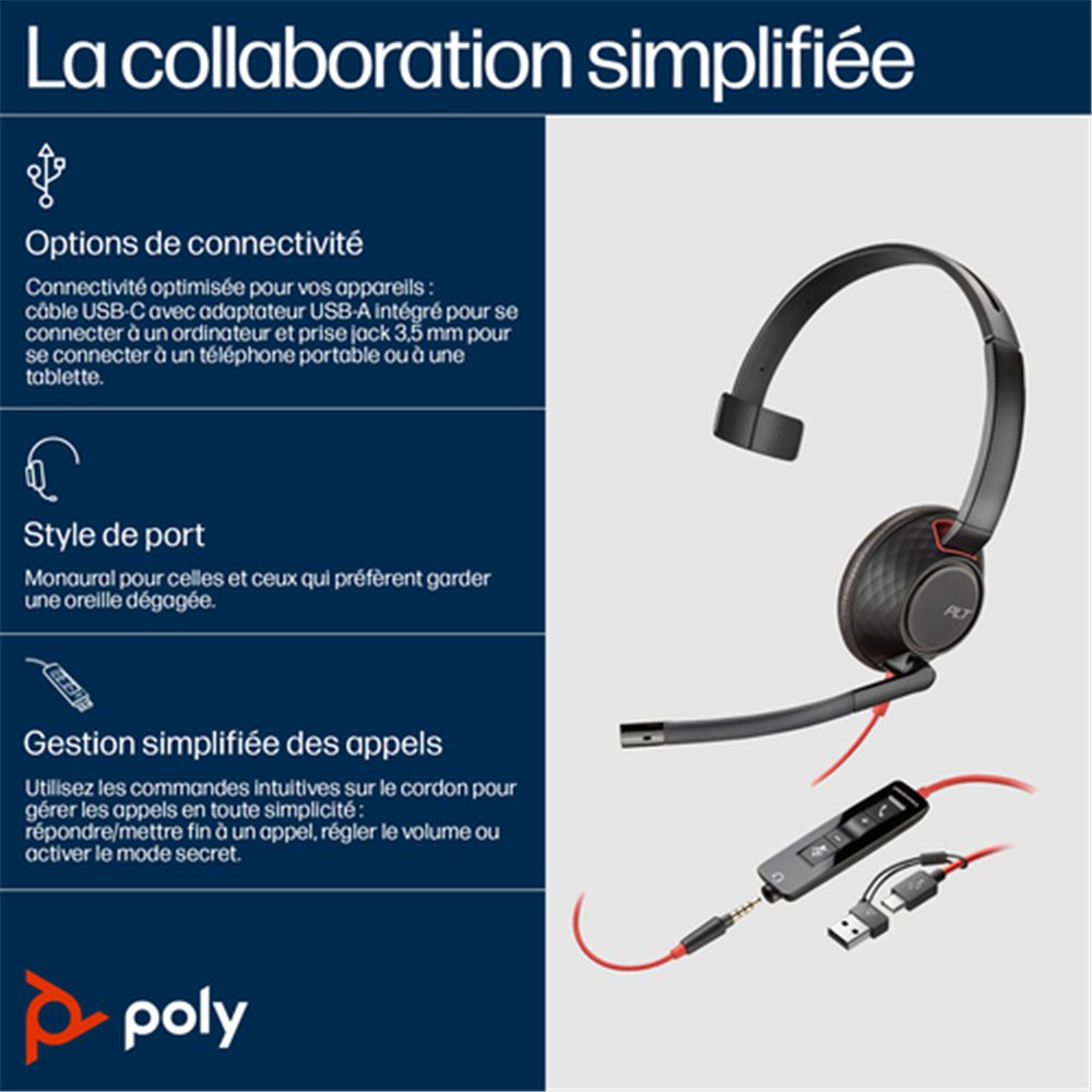 HP Poly Micro-casque monaural USB-C Poly Blackwire 5210 + prise 3,5 mm + adaptateur USB-C/A (lot)