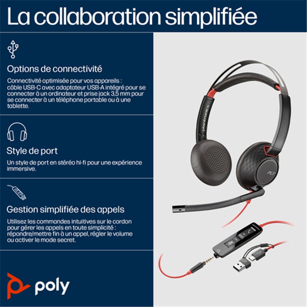 HP Poly Micro-casque Poly Blackwire 5220 stéréo USB-C + connexion 3,5 mm + adaptateur USB-C/A